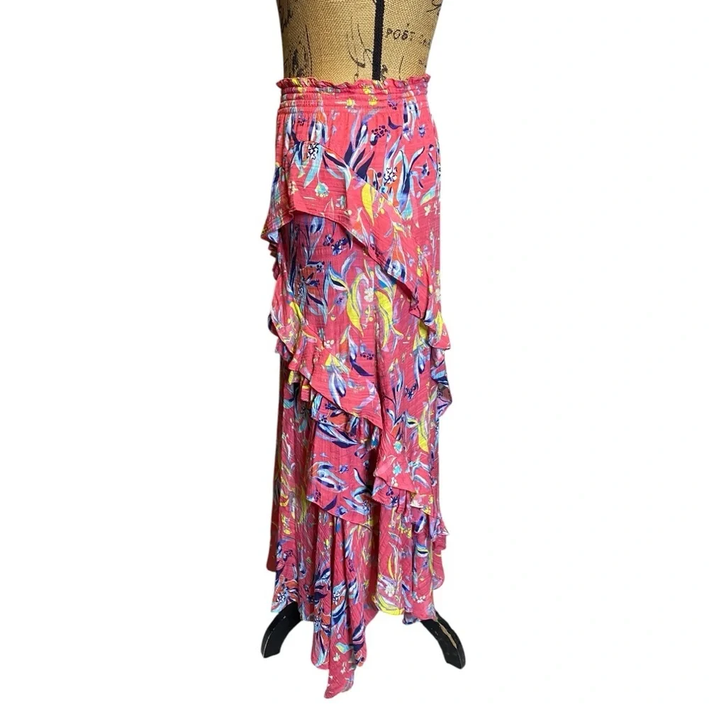 Tanya Taylor Teresa Silk Ruffle Asymmetrical whimsical Maxi Skirt Size 2